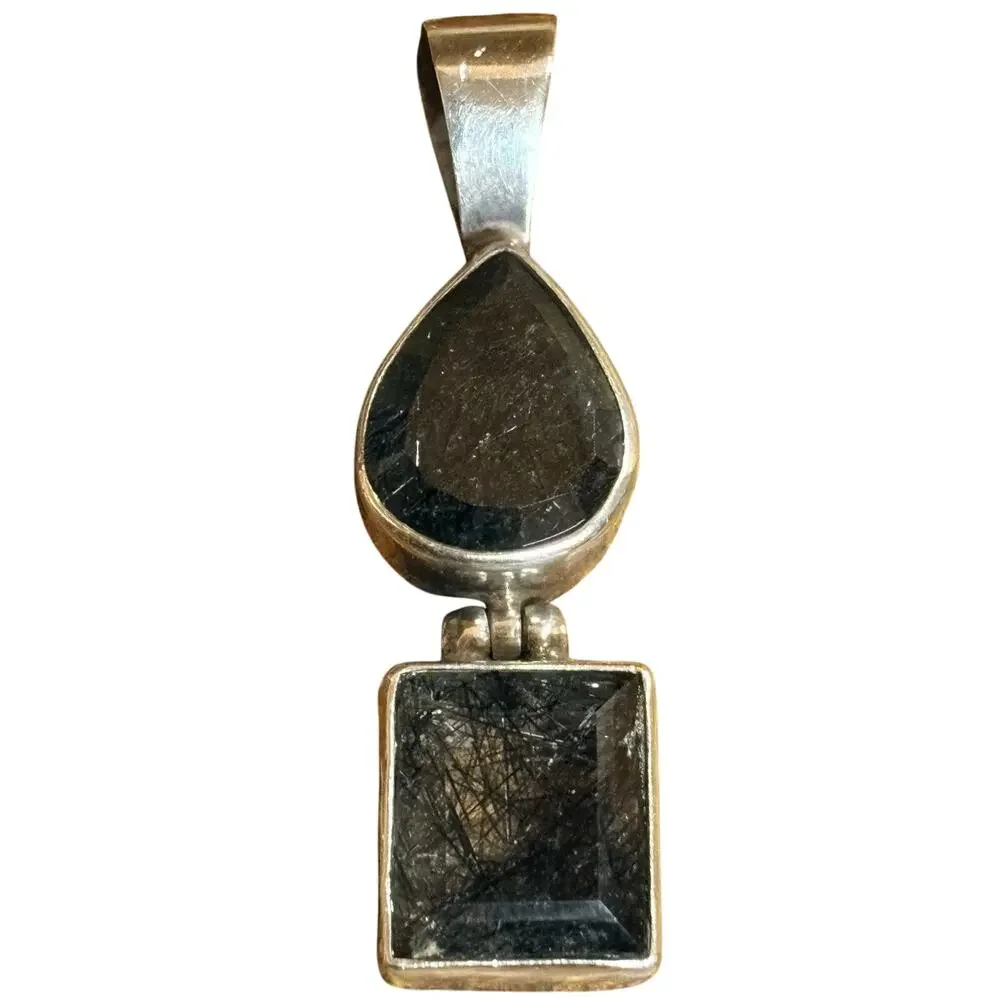 Sterling Silver & Tourmalinated Quartz Pendant Vintage 2.10 Inches Long